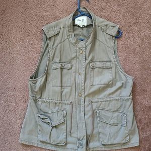 Per Se Women's Utility Vest Green Sleeveless Multi-Pocket Drawstring Cotton